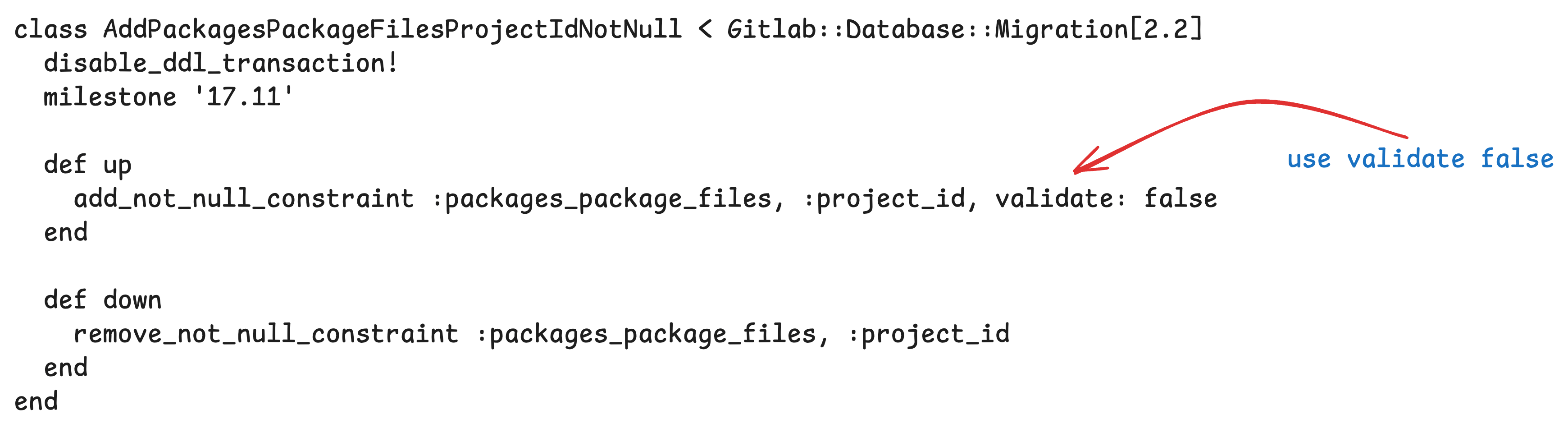 Migration adding an unvalidated not null constraint on project_id for async validation.